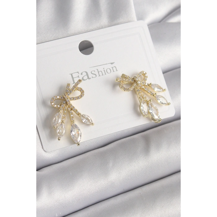 Pirinç Gold Renk Zirkon Taşlı Düğüm Model Damla Zirkon Taşlı Kadın Küpe