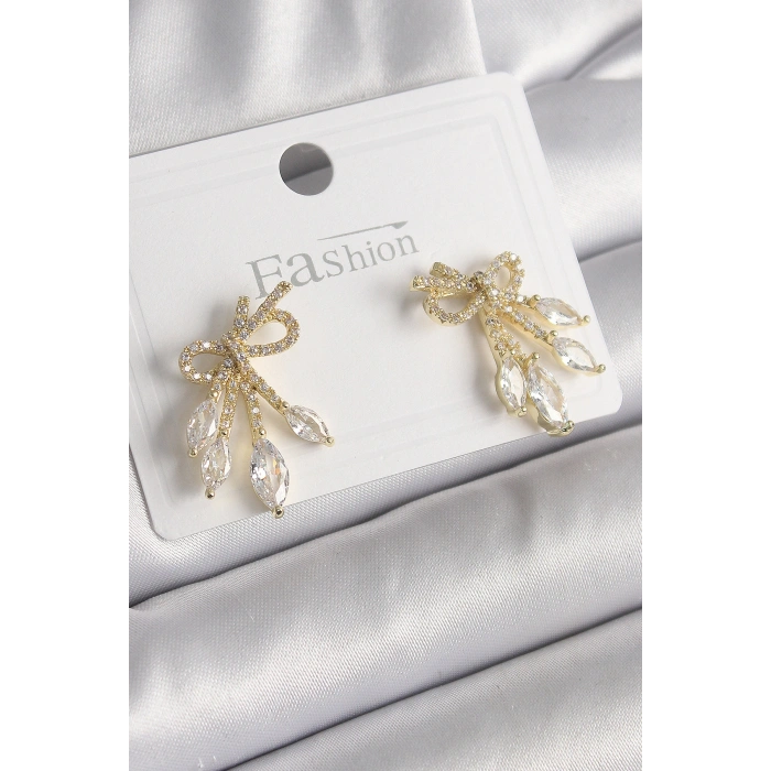 Pirinç Gold Renk Zirkon Taşlı Düğüm Model Damla Zirkon Taşlı Kadın Küpe