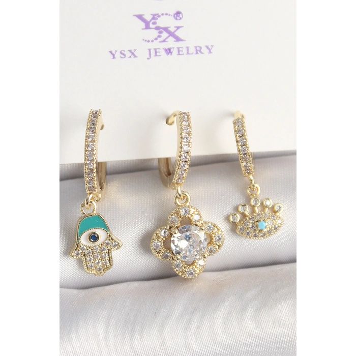Pirinç Gold Renk Zirkon Taşlı Fatma Ana El Yonca Figür Göz Detay 3Lü Kadın Kombin Küpe