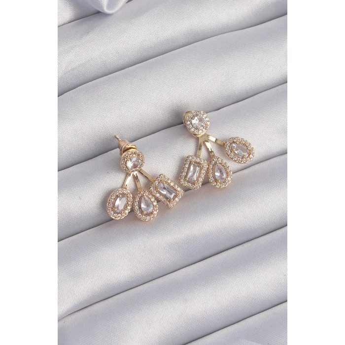 Pirinç Gold Renk Zirkon Taşlı Geometrik Model Küpe