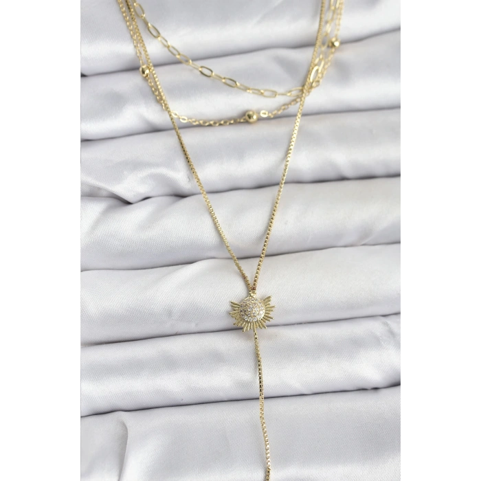 Pirinç Gold Renk Zirkon Taşlı Güneş Model Detaylı 3lü Kombin Y Kadın Kolye