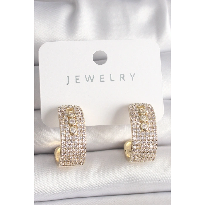 Pirinç Gold Renk Zirkon Taşlı Halka Messika Model Kadın Küpe