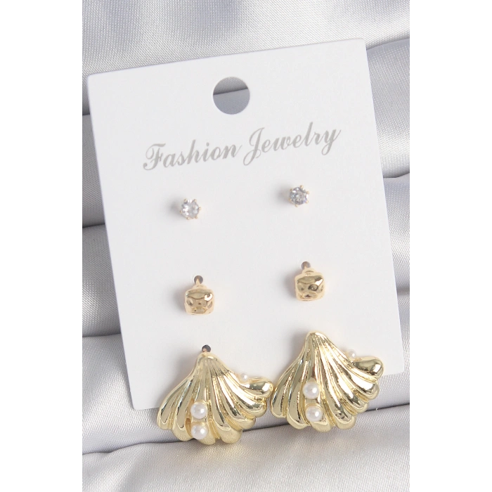 Pirinç Gold Renk Zirkon Taşlı İnci Detaylı Deniz Kabuğu Model 3 Çift Kadın Küpe Seti