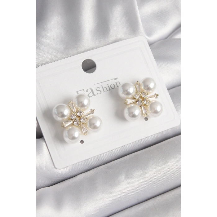 Pirinç Gold Renk Zirkon Taşlı İncili Kadın Küpe