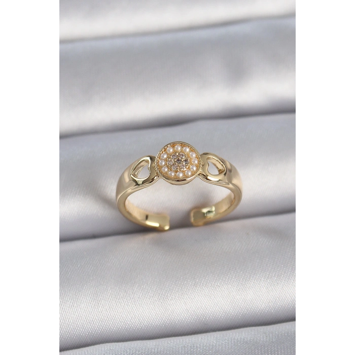 Pirinç Gold Renk Zirkon Taşlı İncili Kalp İşleme Detay Ayarlanabilir Kadın Yüzük