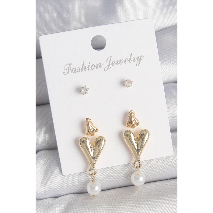 Pirinç Gold Renk Zirkon Taşlı İncili Sallantılı Kalp Model 3 Çift Kadın Küpe Seti