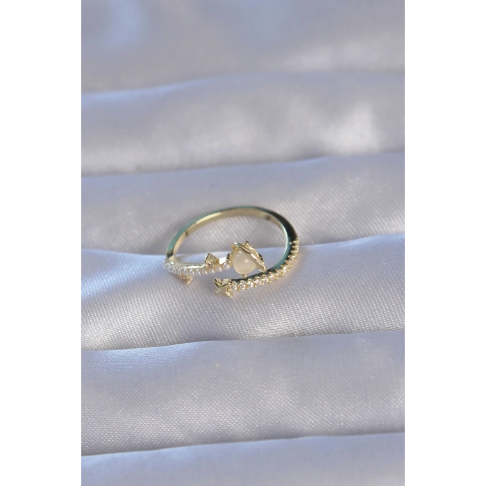 Pirinç Gold Renk Zirkon Taşlı İncili Satürn Model Ayarlanabilir Yüzük