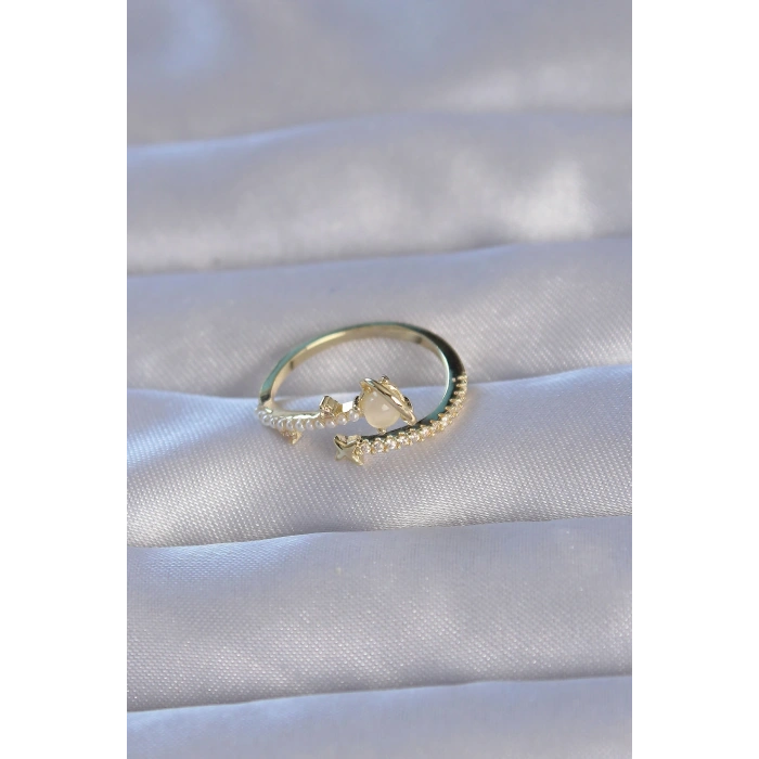 Pirinç Gold Renk Zirkon Taşlı İncili Satürn Model Ayarlanabilir Yüzük