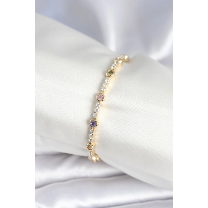 Pirinç Gold Renk Zirkon Taşlı Kadın Bileklik