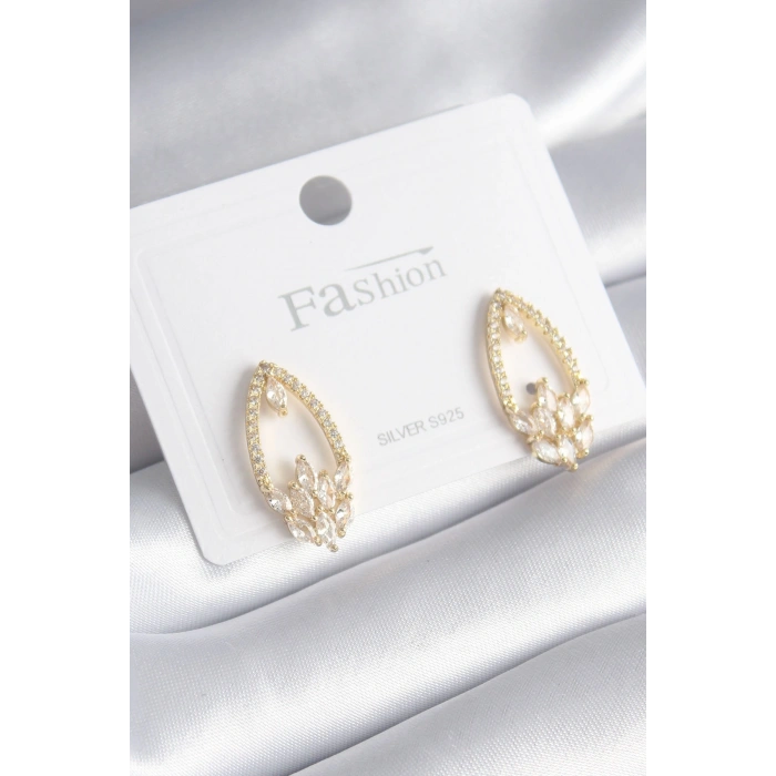 Pirinç Gold Renk Zirkon Taşlı Kadın Küpe