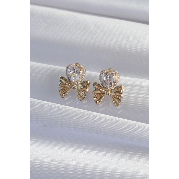 Pirinç Gold Renk Zirkon Taşlı Kalp Model Fiyonk Küpe