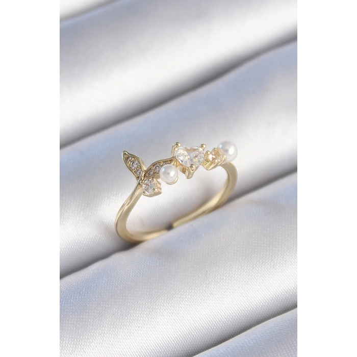 Pirinç Gold Renk Zirkon Taşlı Kalp Yaprak Model İnci Detay Kadın Yüzük