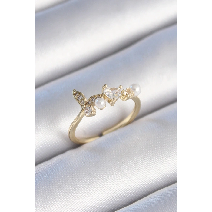 Pirinç Gold Renk Zirkon Taşlı Kalp Yaprak Model İnci Detay Kadın Yüzük