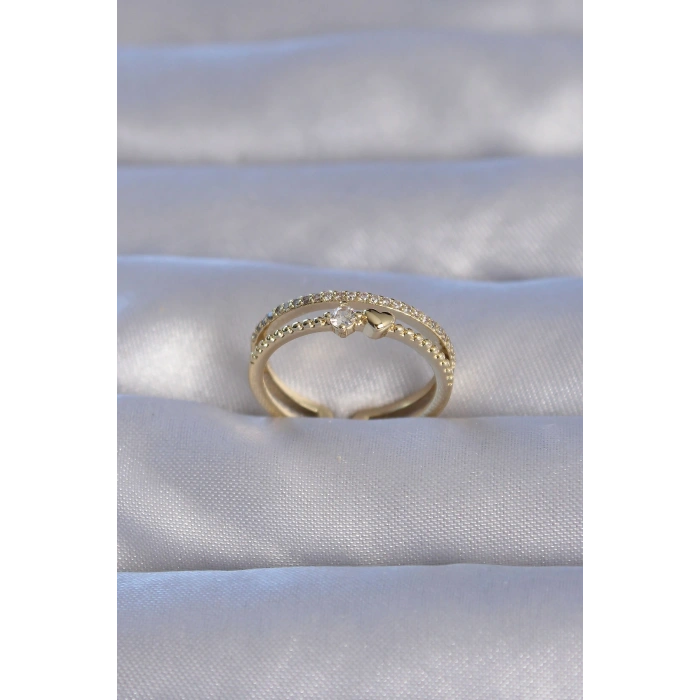 Pirinç Gold Renk Zirkon Taşlı Kalpli Su Yolu Model Ayarlanabilir Yüzük