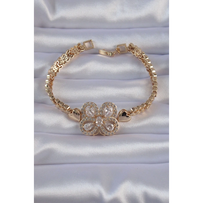 Pirinç Gold Renk Zirkon Taşlı Kelebek Figürlü Parçalı Model Bileklik