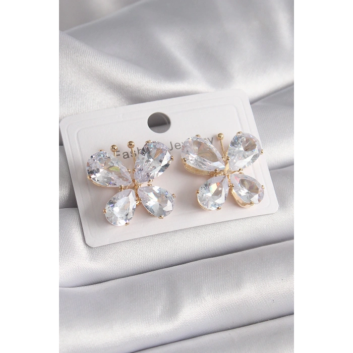 Pirinç Gold Renk Zirkon Taşlı Kelebek Model Kadın Küpe