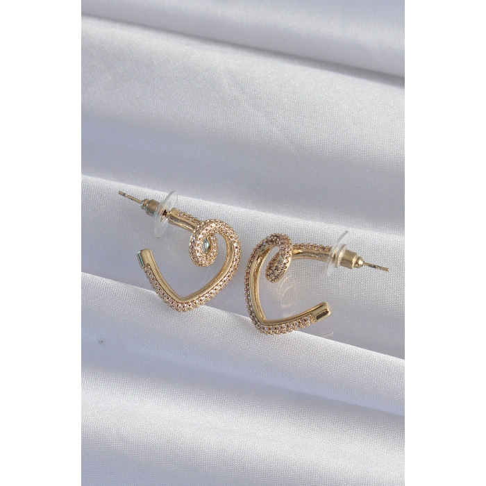 Pirinç Gold Renk Zirkon Taşlı Kıvrımlı Yarım Kalp Küpe