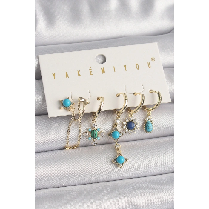 Pirinç Gold Renk Zirkon Taşlı Mavi Boncuklu Çiçek Model VIP Seri Kadın Küpe Kombini