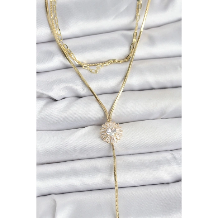 Pirinç Gold Renk Zirkon Taşlı Papatya Model Detaylı 3lü Kombin Y Kadın Kolye