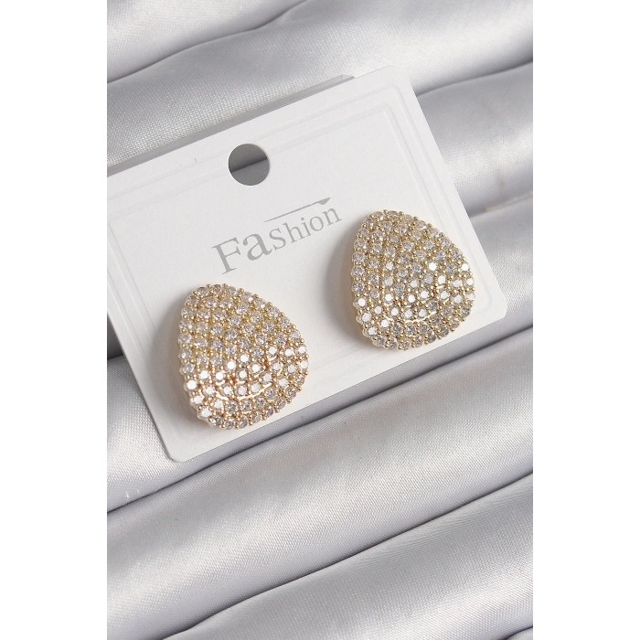 Pirinç Gold Renk Zirkon Taşlı Plaka Model Kadın Küpe