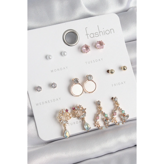 Pirinç Gold Renk Zirkon Taşlı Sallantı Damla Figür Beyaz Mine Detay 7 Çift Kadın Küpe Seti