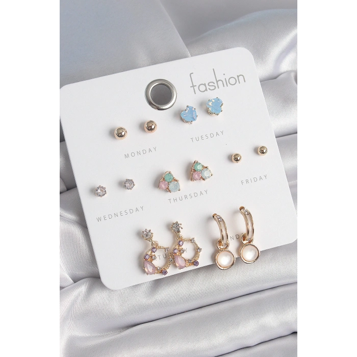 Pirinç Gold Renk Zirkon Taşlı Sallantı Halka Figür Kalp Detay 7 Çift Kadın Küpe