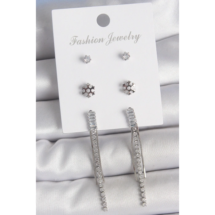 Pirinç Gold Renk Zirkon Taşlı Sallantılı Çiçek Detay 3 Çfit Kadın Küpe Seti