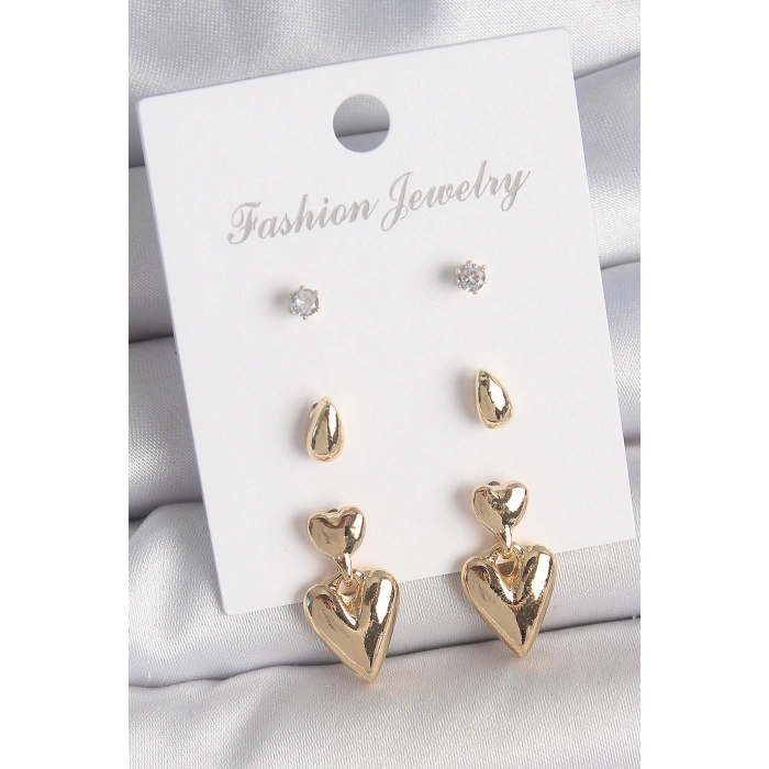 Pirinç Gold Renk Zirkon Taşlı Sallantılı Kalp Model 3 Çift Kadın Küpe Seti
