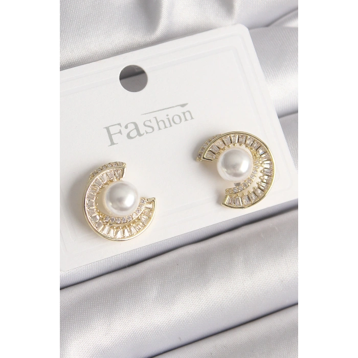 Pirinç Gold Renk Zirkon Taşlı Salyangoz Model İnci Detay Kadın Küpe