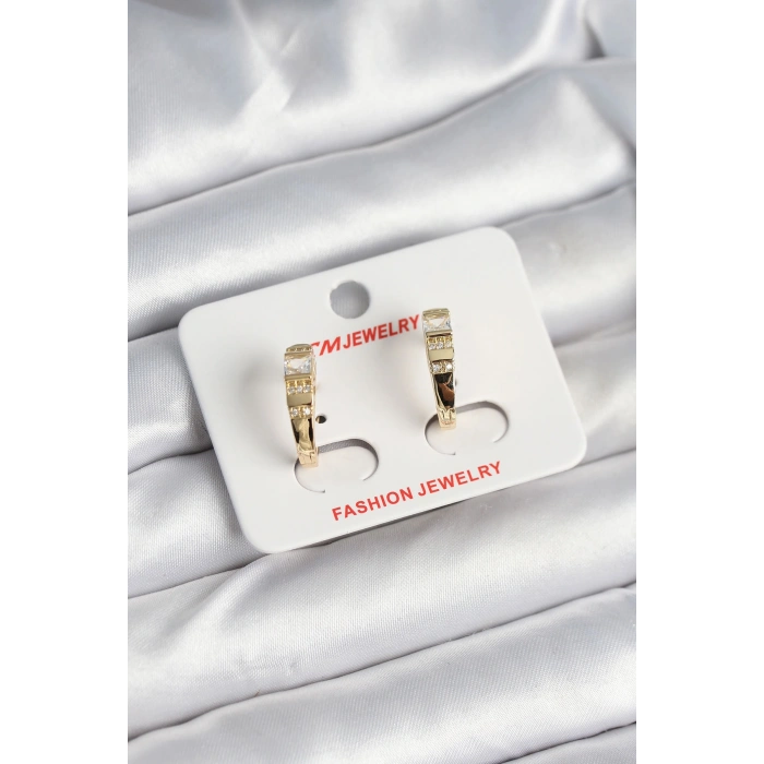 Pirinç Gold Renk Zirkon Taşlı Vintage Kadın Küpe