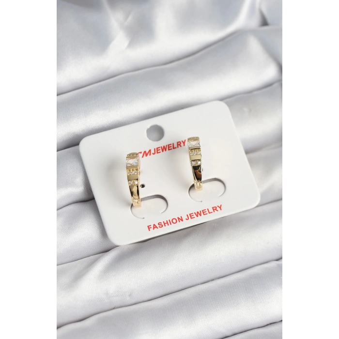 Pirinç Gold Renk Zirkon Taşlı Vintage Kadın Küpe