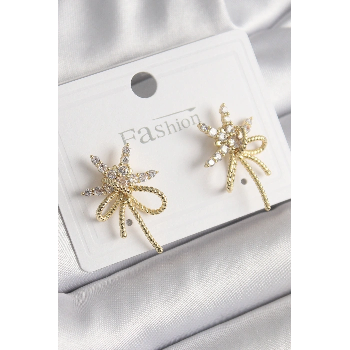 Pirinç Gold Renk Zirkon Taşlı Yıldız Düğüm Model Kadın Küpe