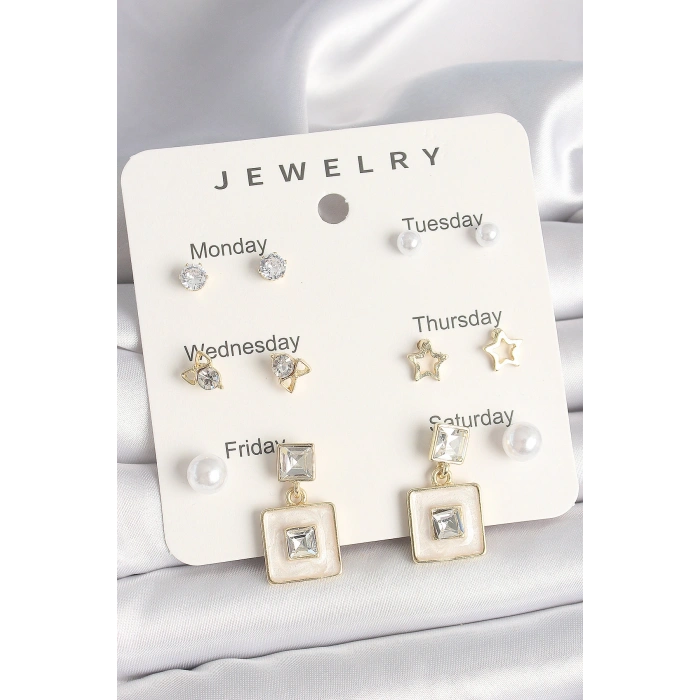 Pirinç Gold Renk Zirkon Taşlı Yıldız Figür Sallantı Beyaz Mineli Model 7Li Kadın Küpe Seti