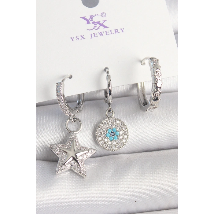 Pirinç Gold Renk Zirkon Taşlı Yıldız Model Nazar Boncuk Detay 3Lü Kadın Kombin Küpe