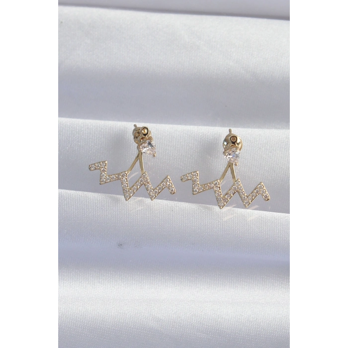Pirinç Gold Renk Zirkon Taşlı Zikzak Küpe
