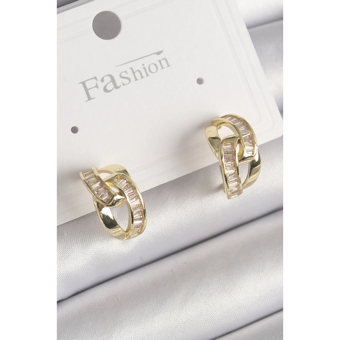 Pirinç Gold Renk Zirkon Taşlı Zincir Model Kadın Küpe