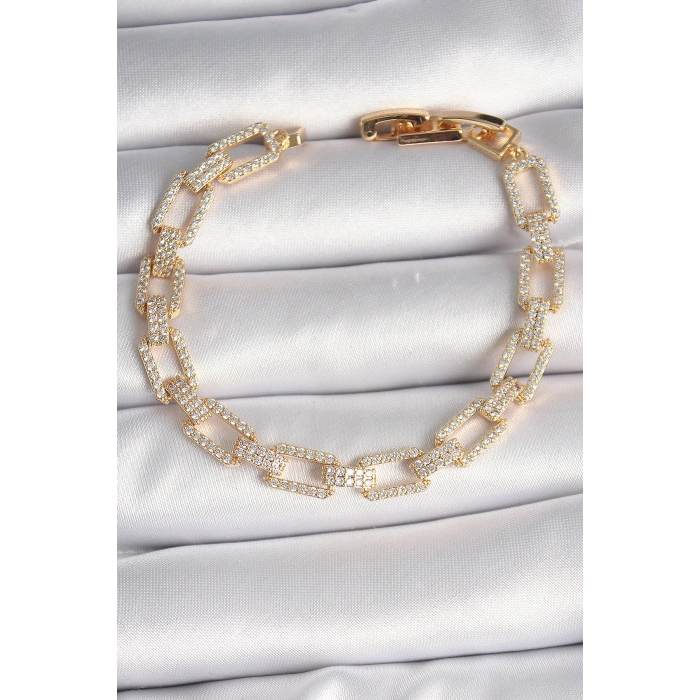 Pirinç Gold Renk Zirkon Taşlı Zincir Model VIP Seri Kadın Bileklik