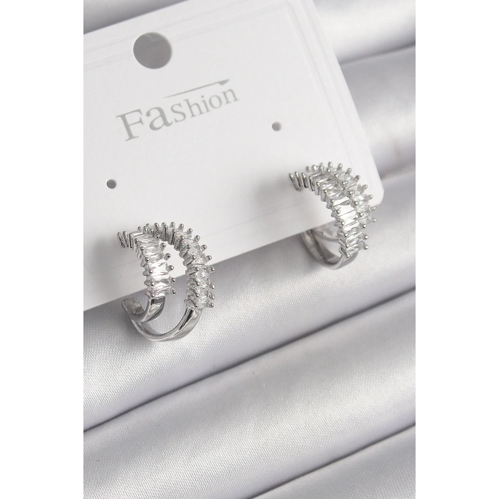 Pirinç Gümüş Renk 2Li Zirkon Taşlı Halka Model Kadın Küpe