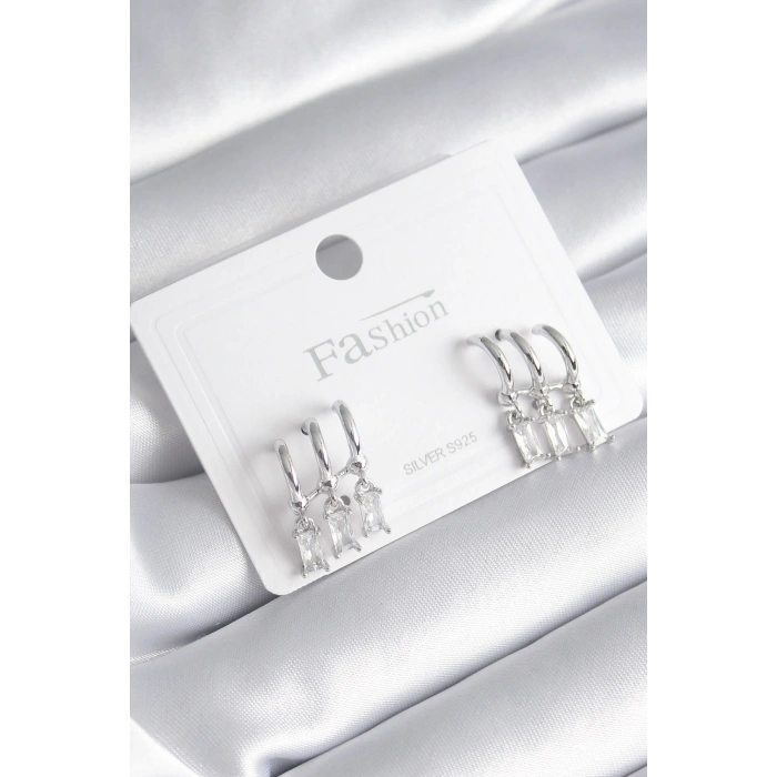 Pirinç Gümüş Renk 3lü Sallantı Zirkon Taşlı Küpe