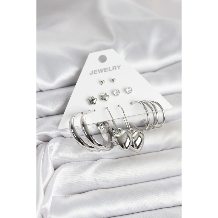 Pirinç Gümüş Renk 6 Çift Kadın Küpe Seti