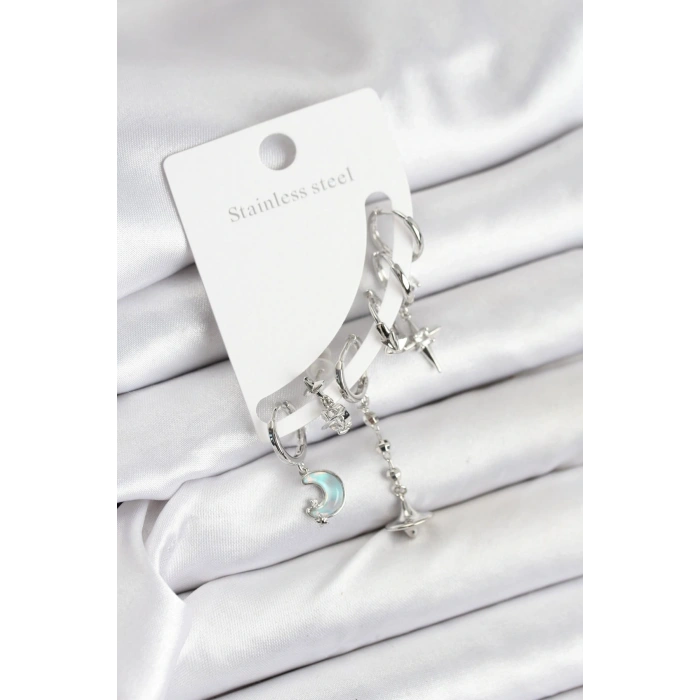 Pirinç Gümüş Renk Ay Model Kadın Set Küpe