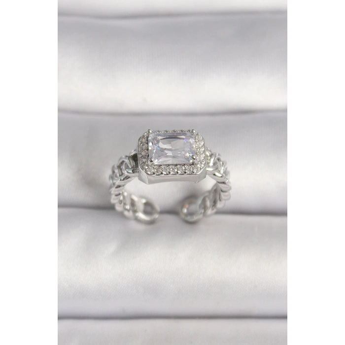 Pirinç Gümüş Renk Ayarlanabilir Zincir Kare Zirkon Taşlı Kadın Yüzük