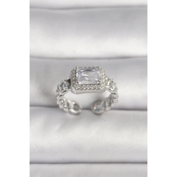 Pirinç Gümüş Renk Ayarlanabilir Zincir Kare Zirkon Taşlı Kadın Yüzük