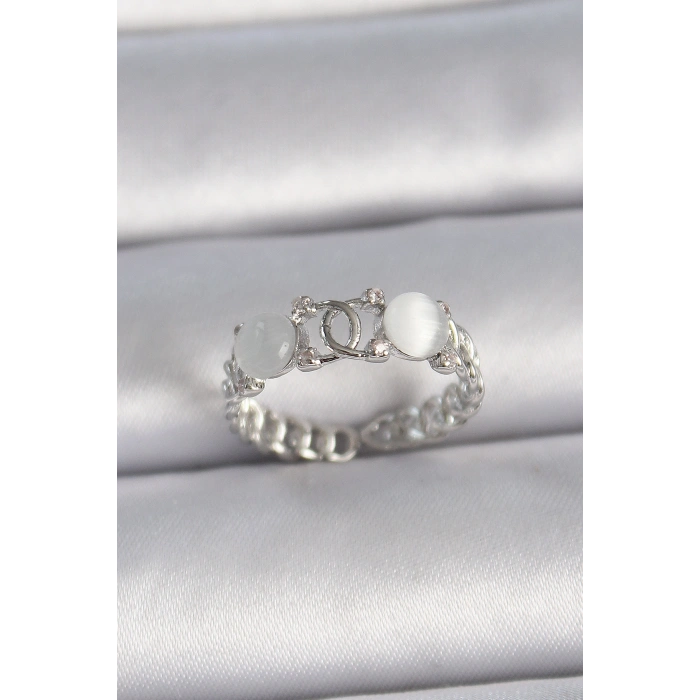 Pirinç Gümüş Renk Ayarlanabilir Zirkon Taşlı Beyaz Mineli Birleşik Halka Model Kadın Yüzük