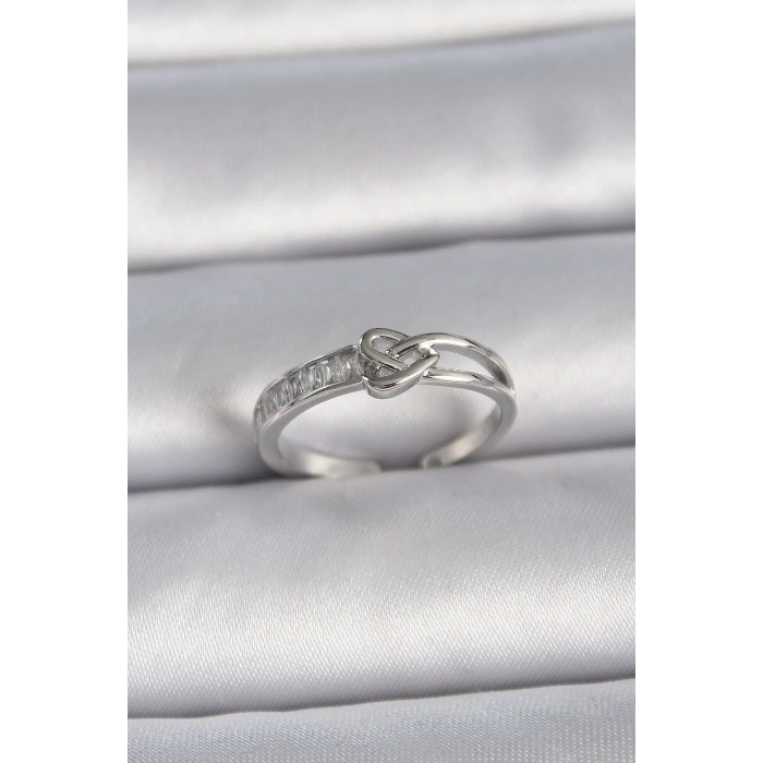 Pirinç Gümüş Renk Ayarlanabilir Zirkon Taşlı Düğüm Kalp Model Kadın Yüzük