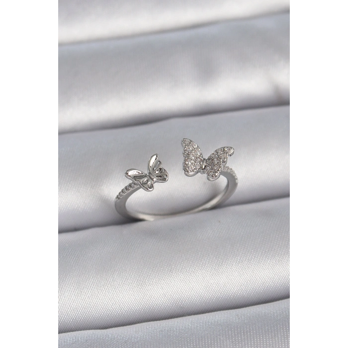 Pirinç Gümüş Renk Ayarlanabilir Zirkon Taşlı Kelebek Model Kadın Yüzük