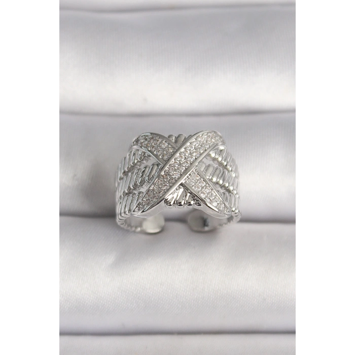 Pirinç Gümüş Renk Ayarlanabilir Zirkon Taşlı X Model Kadın Yüzük