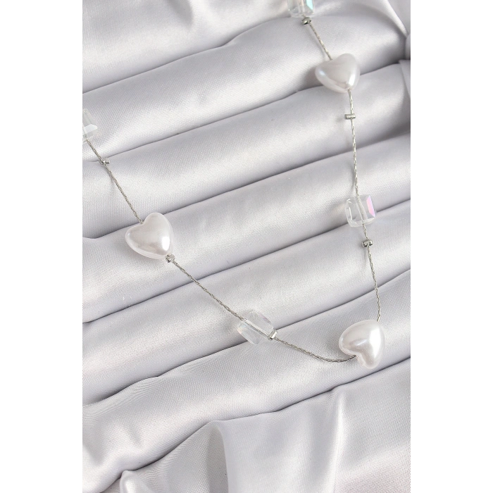 Pirinç Gümüş Renk Beyaz İnci Kalp Model Kadın Kolye