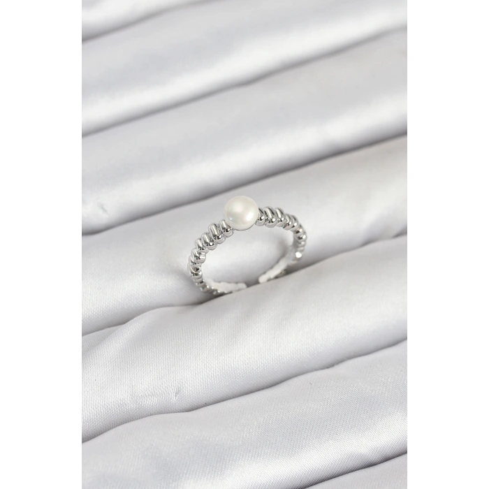 Pirinç Gümüş Renk Göbek İnci Model Kadın Yüzük