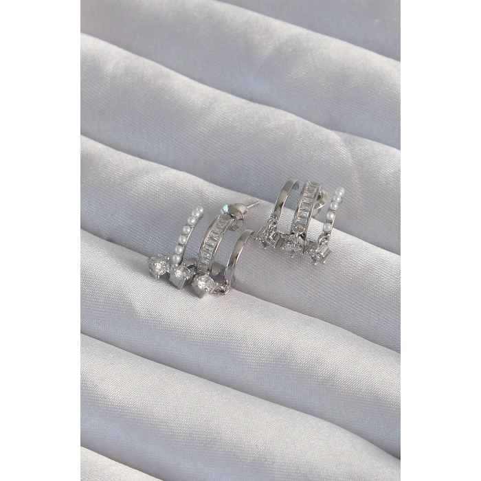 Pirinç Gümüş Renk İncili Çoklu Zirkon Taşlı Yarım Halka Küpe